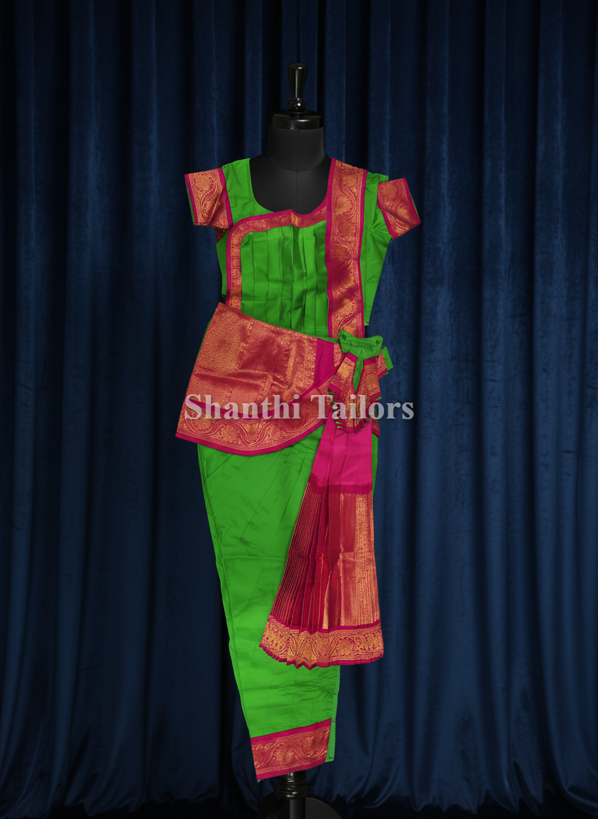 strapless open back dress GREEN REDDISH PINK 34 inch Pant Length Bharatanatyam Copper Gold Zari Dance  Costume | Art silk, Dharmavaram kanchi
