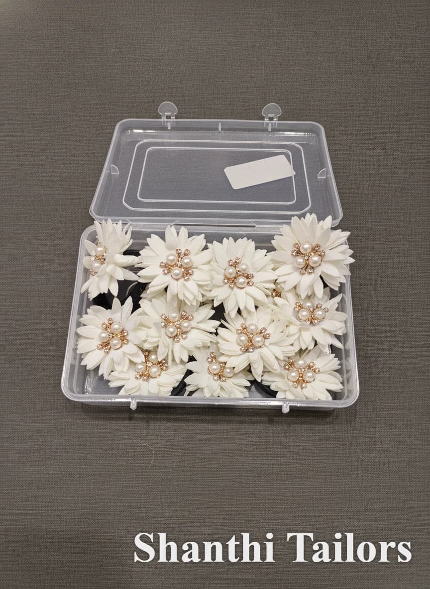 Shanthitailors Flower Clips: White fabric flowers with pearls & rhinestones in a clear box. 20 clips per box.