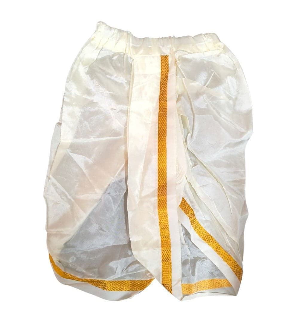 Panchakacham Krishnar Pant for babies. Golden yellow art silk dance costume, full view.