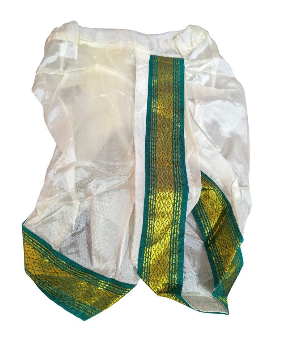 Krishnar Pant art silk dance costume. Panchakacham golden yellow with blue border for baby.