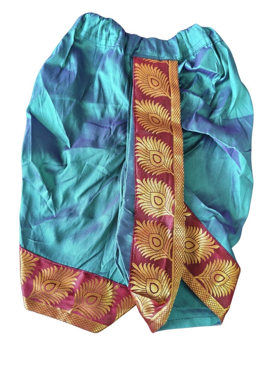 Panchakacham Krishnar Pant. Art silk golden yellow dance costume with blue zari border.
