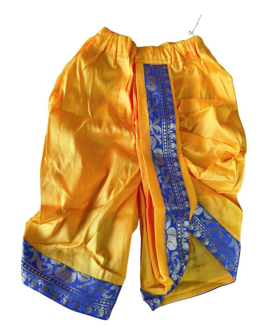 6-month-old Krishnar Pant. Art silk golden yellow dance costume with blue zari border detail.