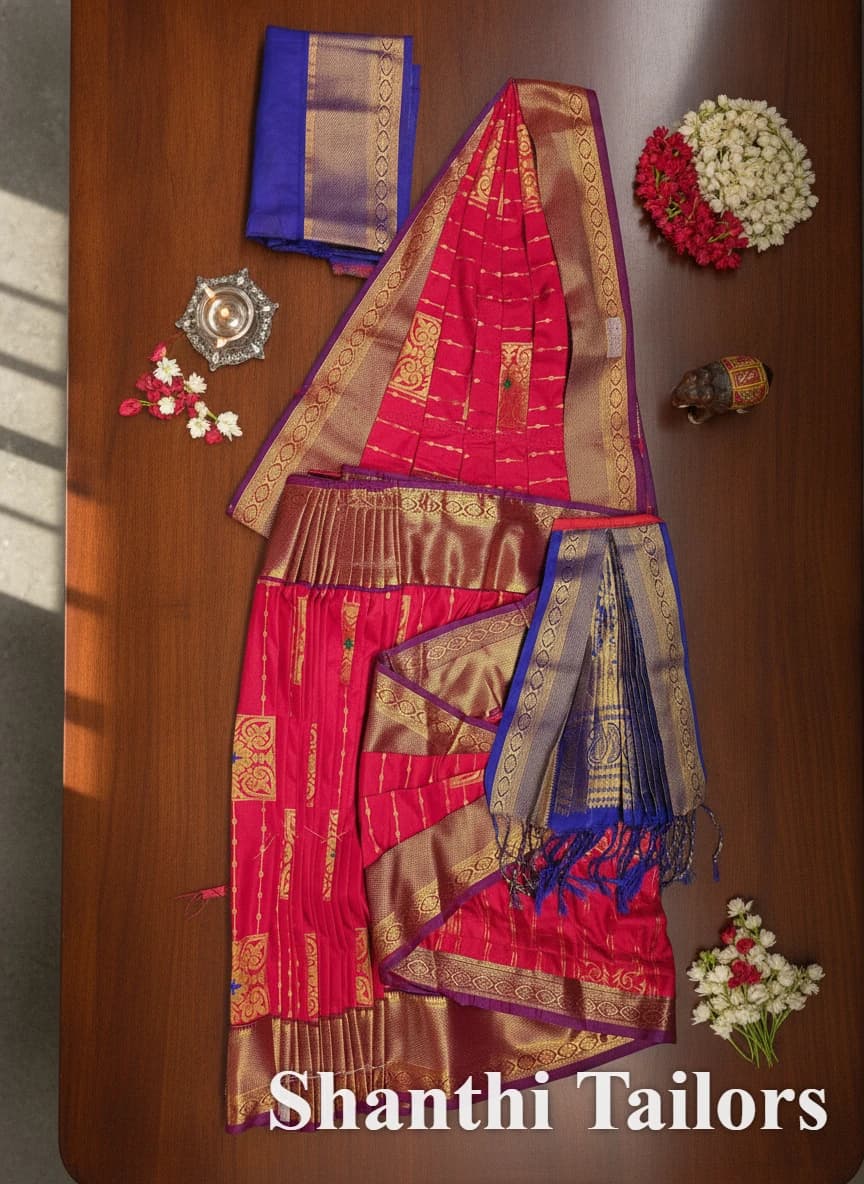 Readymade pink poly cotton practice saree for Bharatnatyam/Kuchupudi, with gold border, blouse & flowers.