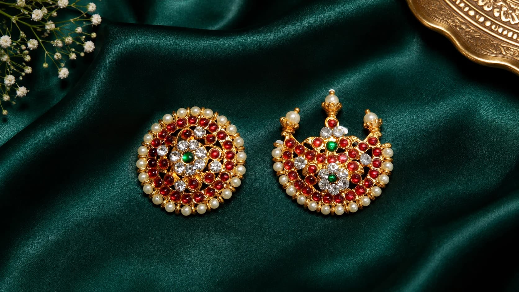 Sun & Moon imitation jewellery with gold, red, white, green stones & pearls on dark green silk.