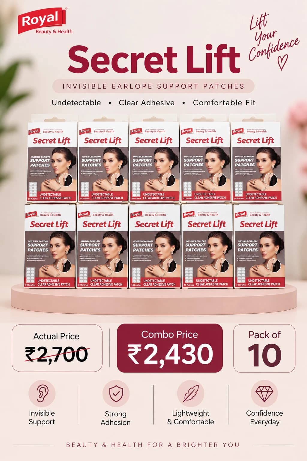 Royal Secret Lift Invisible Ear Lope Support Patches combo. Pack of 10 (500 patches) for ₹2,430. Clear, strong, lightweight.