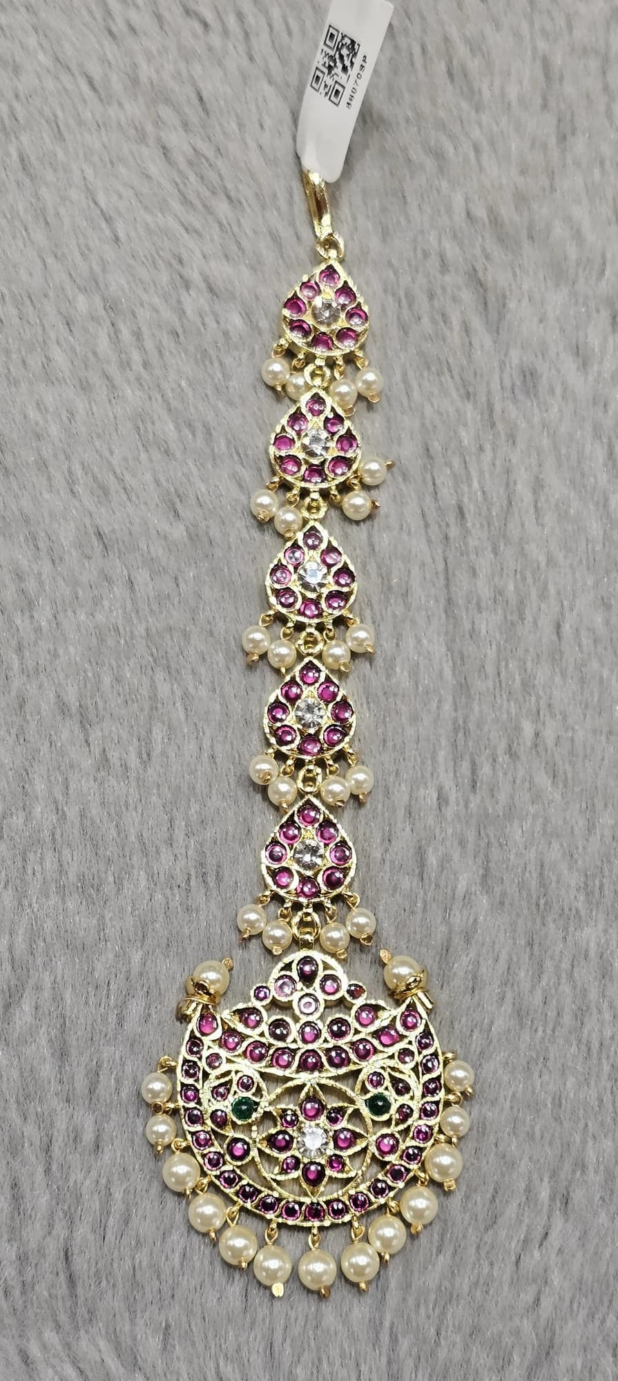 Gold-toned Copper Moon Drops Chutty/Tikka with pink stones, clear gems, and pearls. Product 86070SP.