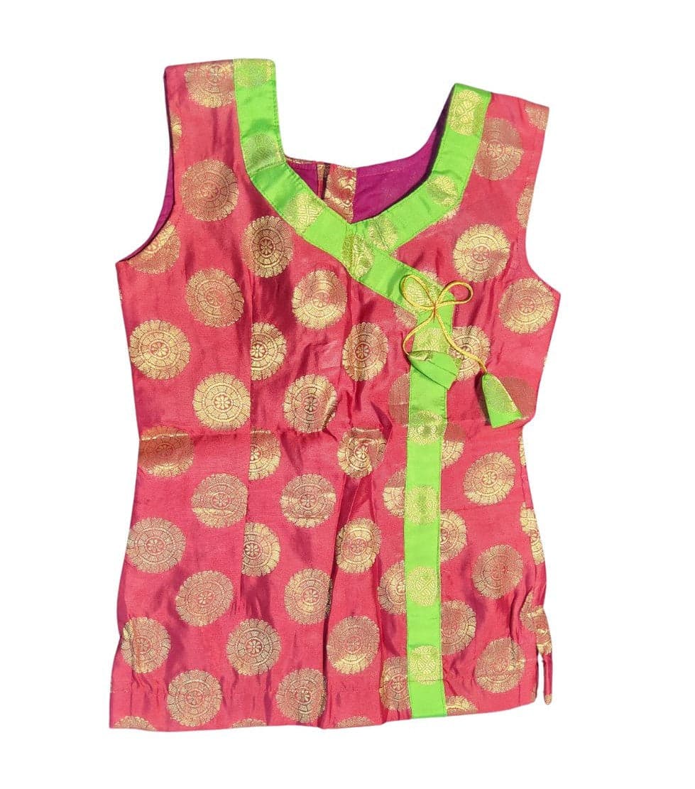 Krishnar Top with tassel detail, art silk brocade, Bharatanatyam dress for kids, vibrant yellow.