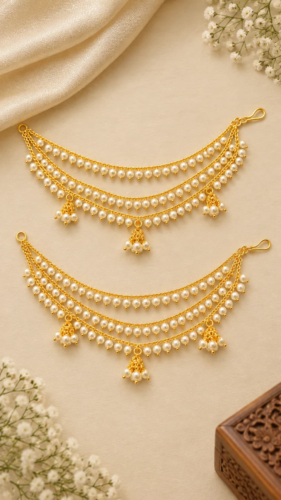 Antique Mattal fashion jewellery: two gold-toned pearl chains with dangling jhumka accents on beige.