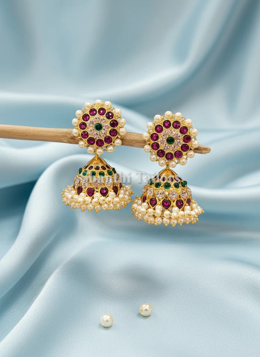 Margam Copper Jummiki earrings: ruby, green & white stones, pearl border, and 4 lines of dangling pearls.