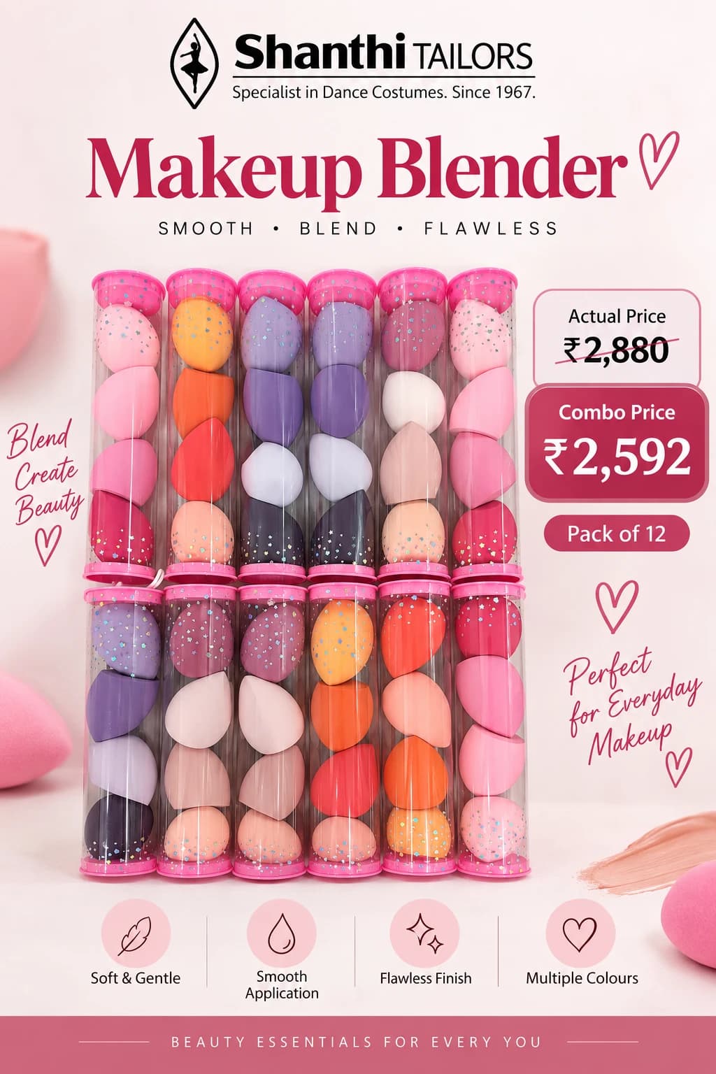 Makeup Blender combo pack of 12 in assorted colors & shapes for smooth, flawless application.