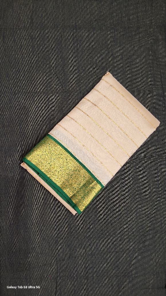 Offwhite Kanchipuram Silk Saree with Green Pallu - Traditional Indian Silk Saree