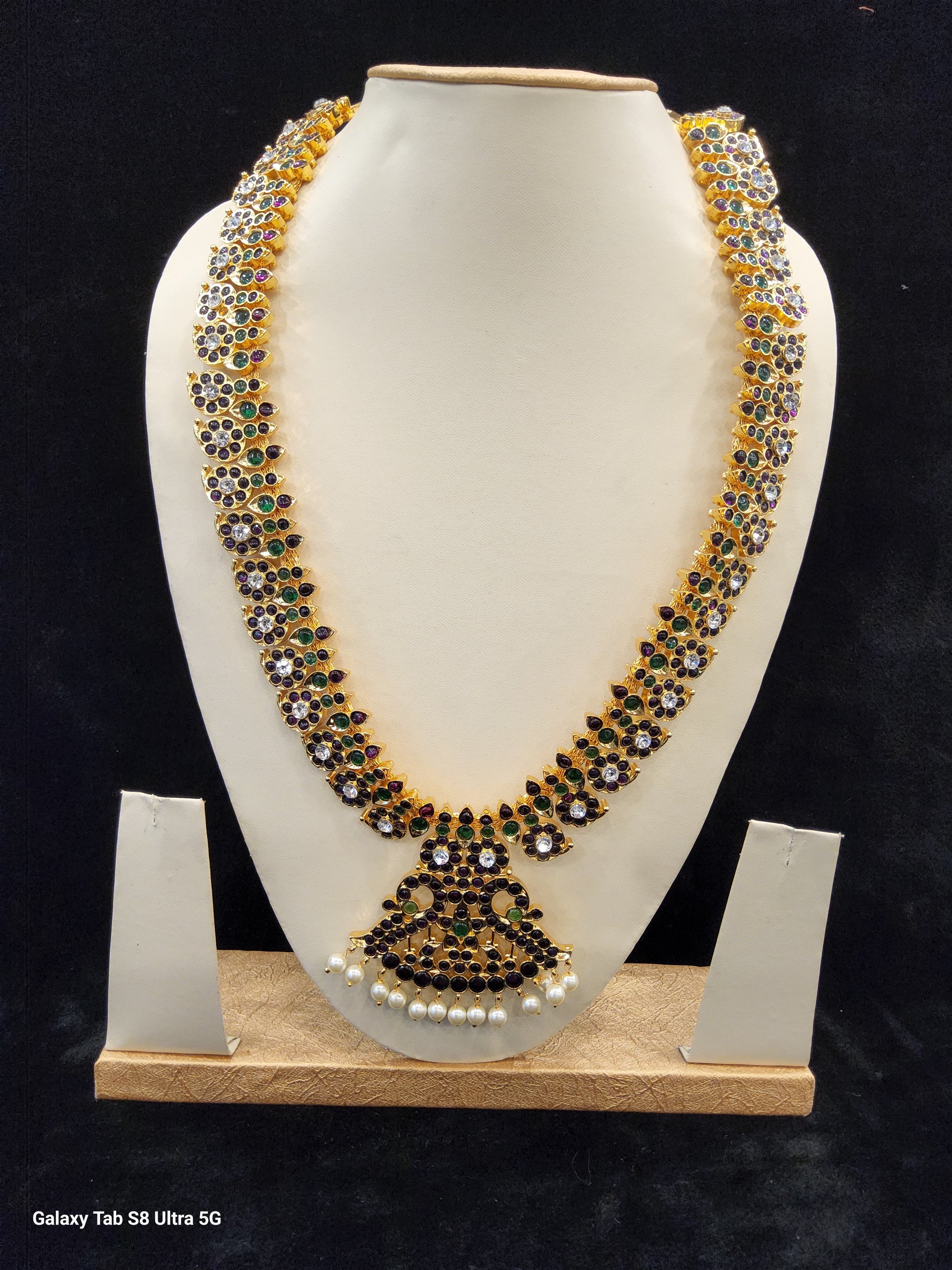 Close-up: Copper Mango Haram. Intricate South Indian temple jewelry detail for Bharathanatyam dance.
