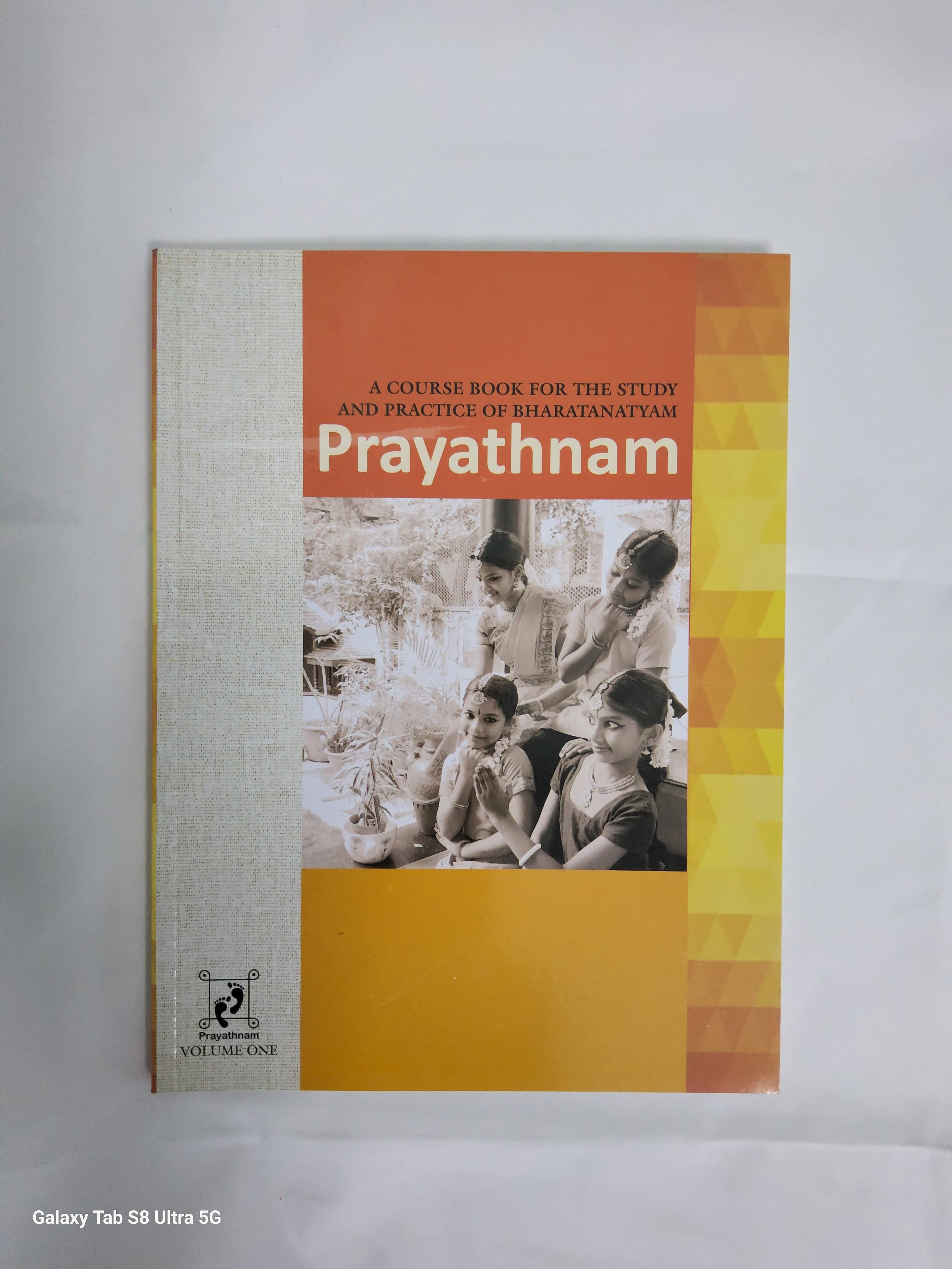 Open Prayathnam Bharatnatyam Practice Book: Sample page with Tamil & English text.