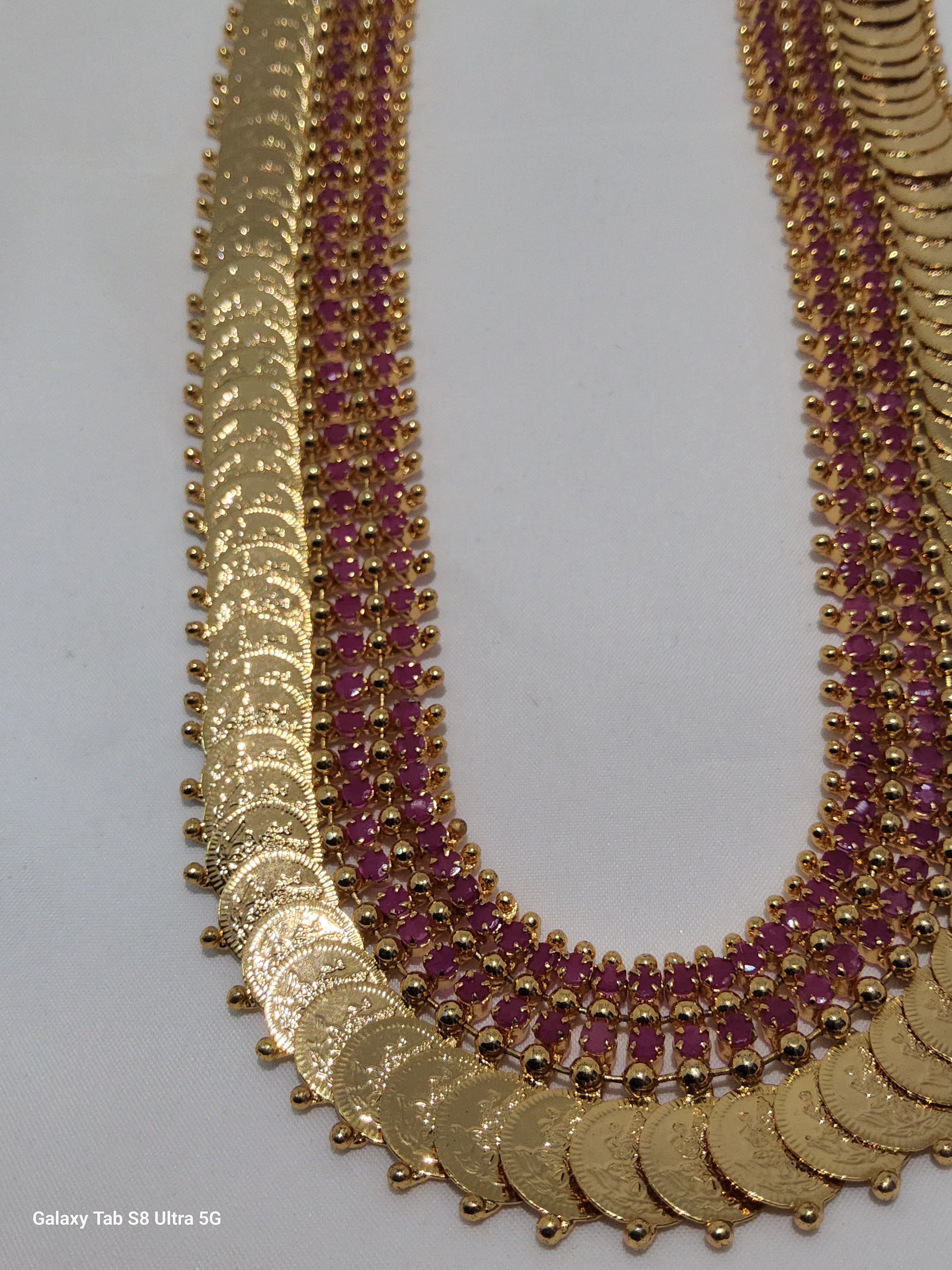 Long Kasumala Haram with Pink Stone | Copper Antique Jewellery