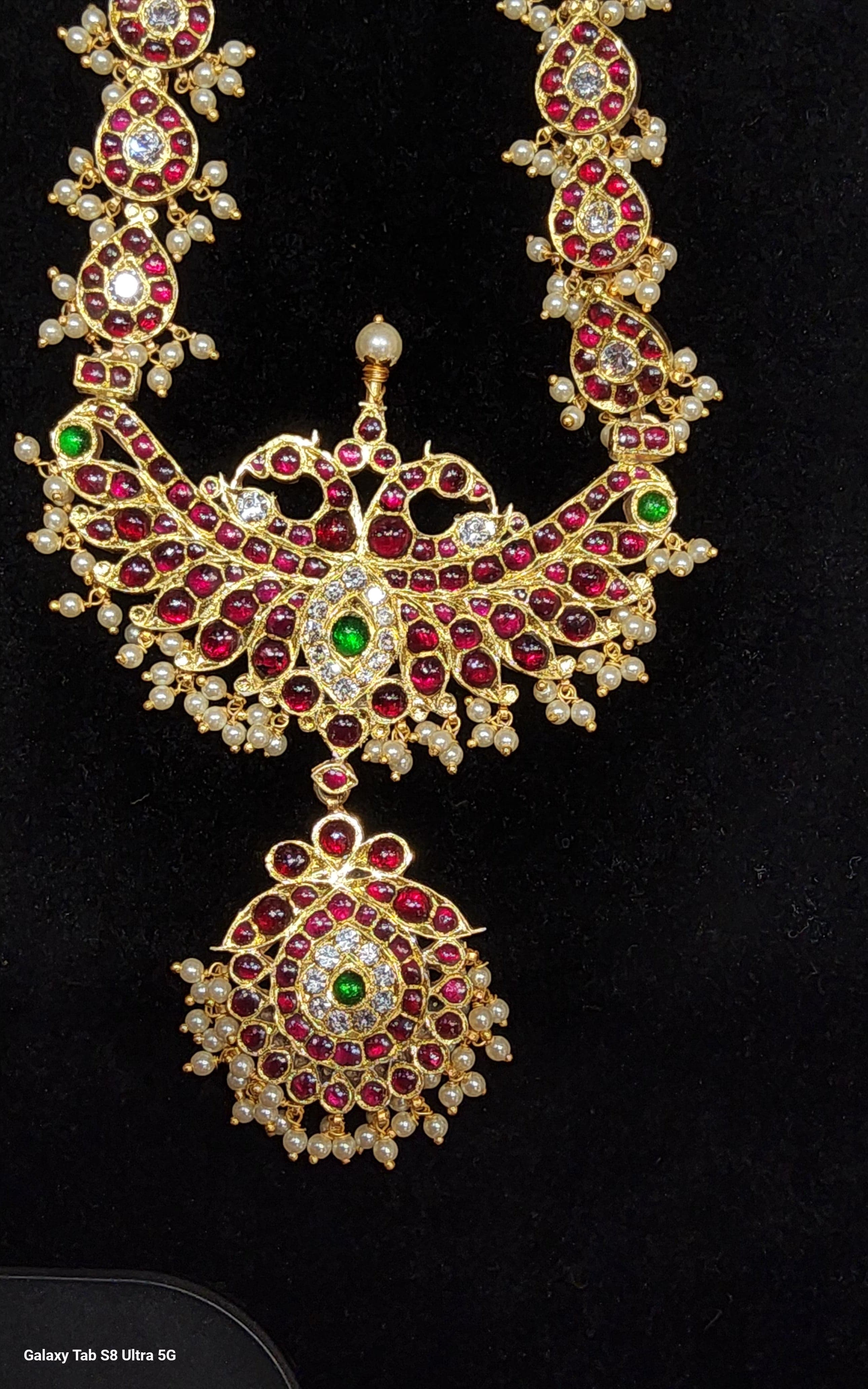 Close-up: Intricate details of Long Haram Kovai Design silver temple jewellery