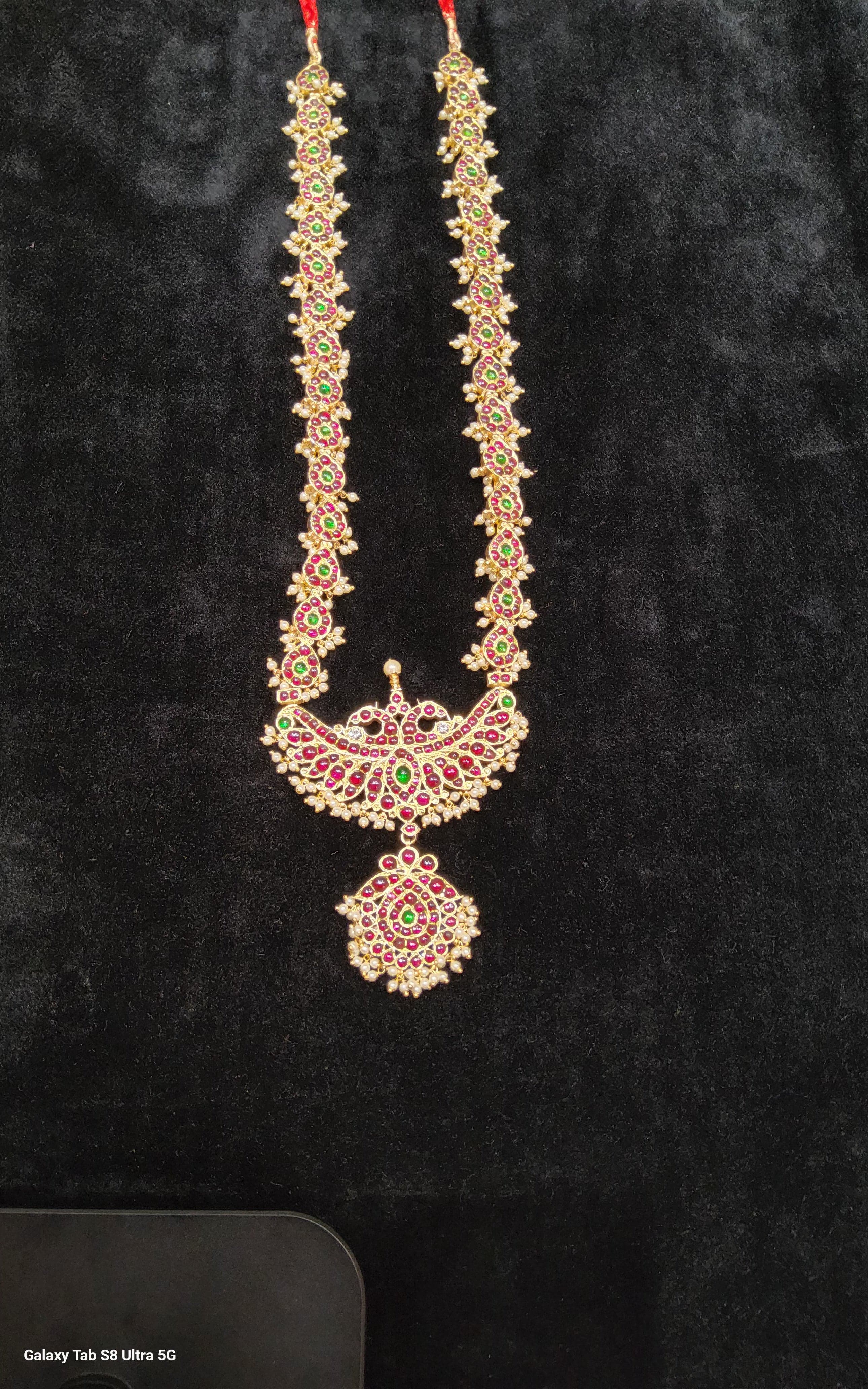 Long Haram Kovai Design: Pure silver, handmade temple necklace, full view