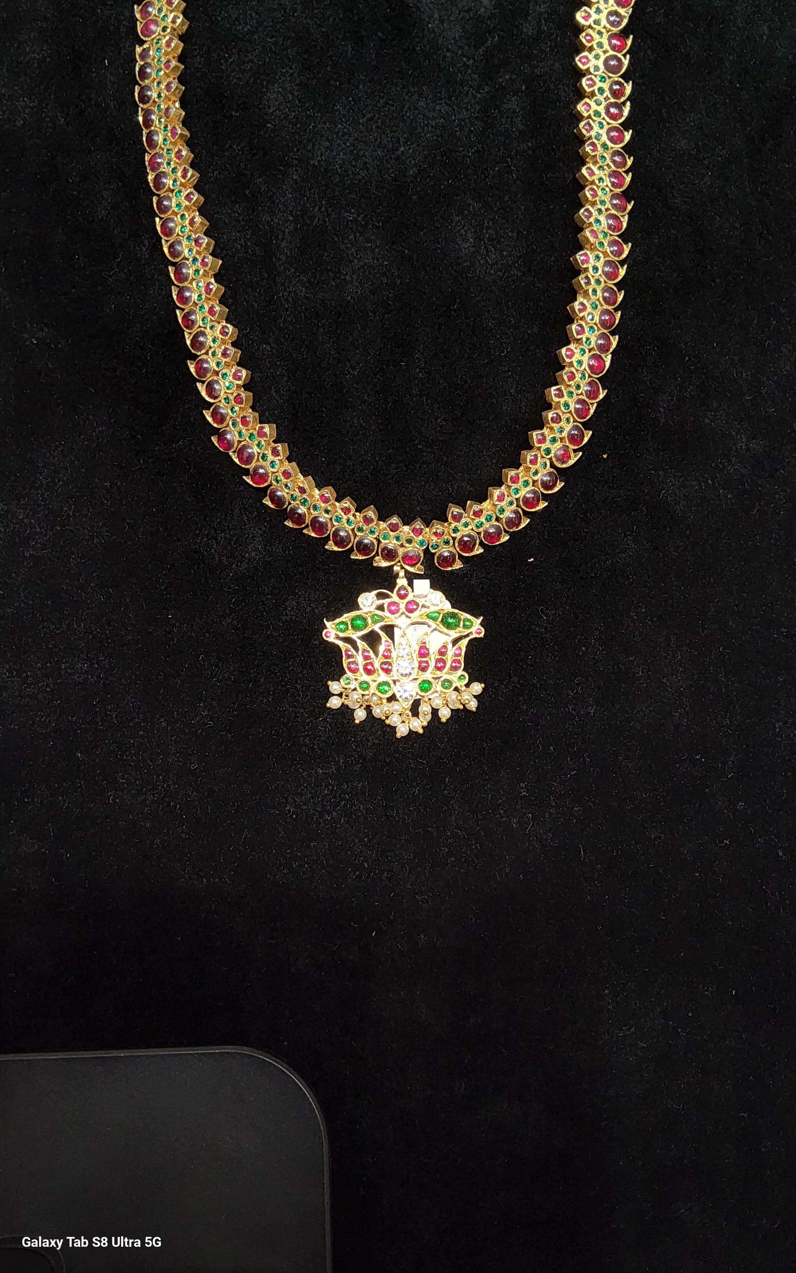 Manga Malai Original Temple Jewellery: Silver & gold leafed handmade necklace, full view