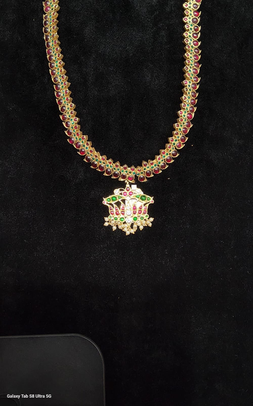 Manga Malai Original Temple Jewellery: Silver & gold leafed handmade necklace, full view