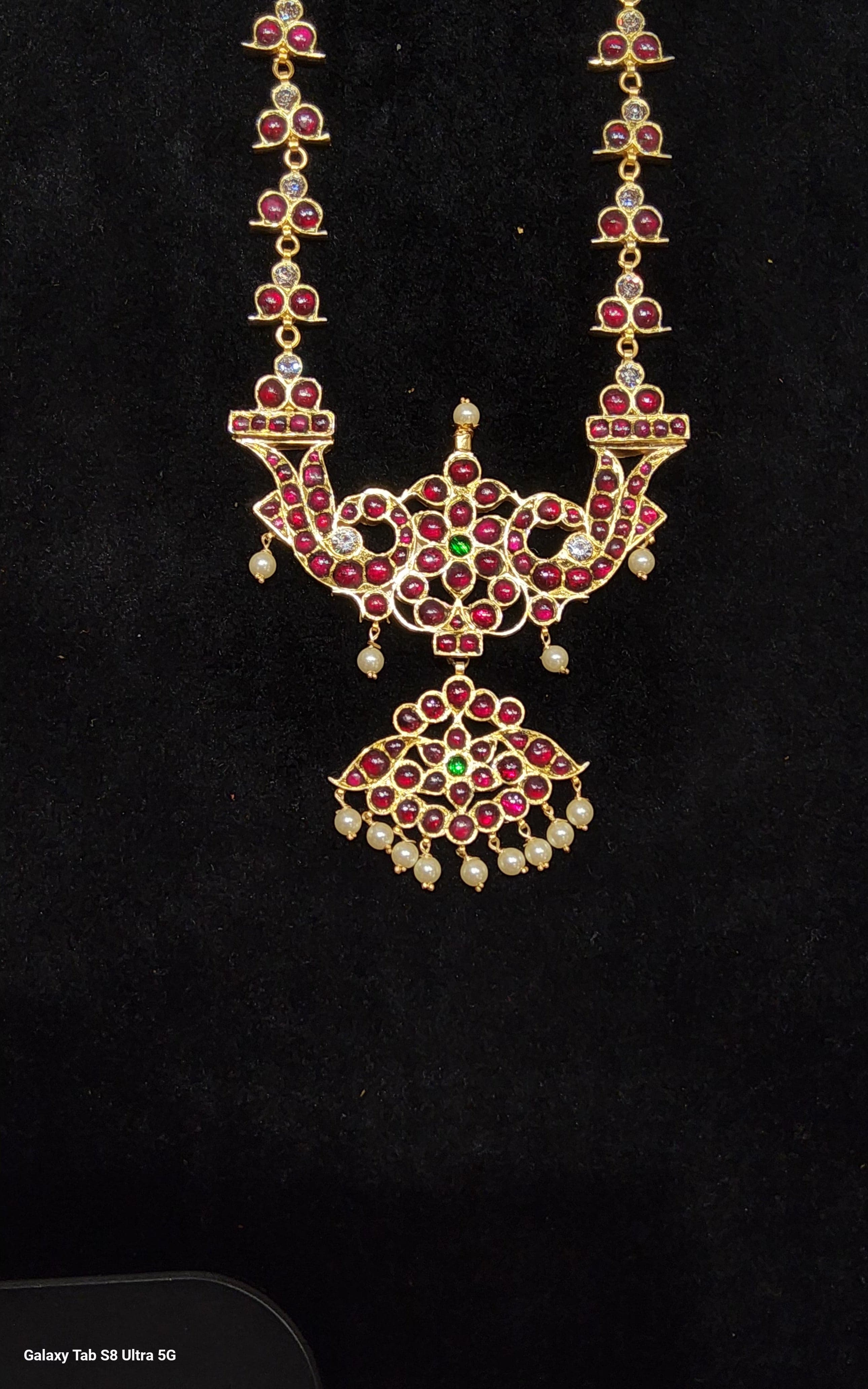 Long Malai Temple Jewellery. Gold leafed silver necklace with intricate detailing.