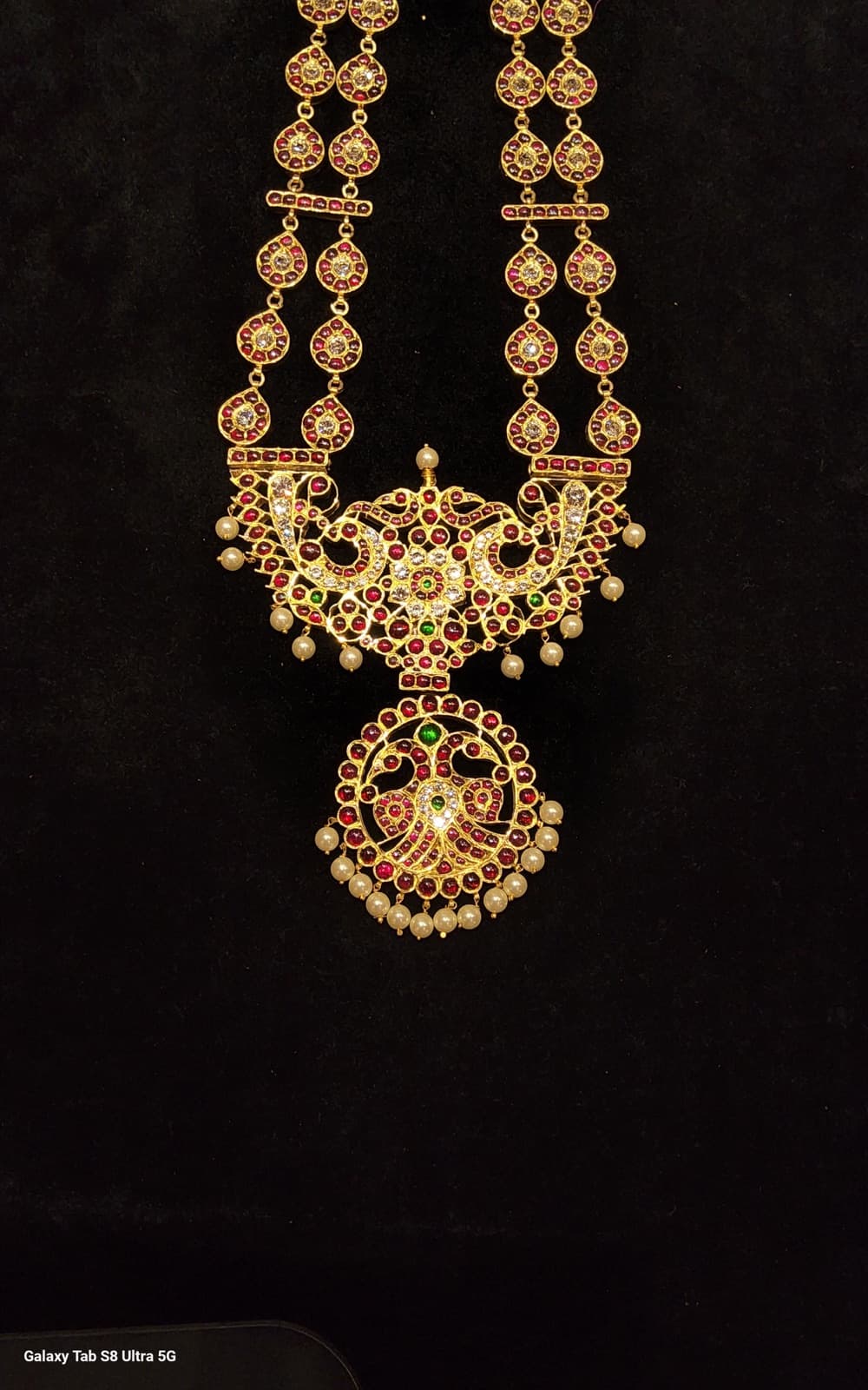 Kovi Mahari Malai original temple jewellery. Full view of handmade necklace.