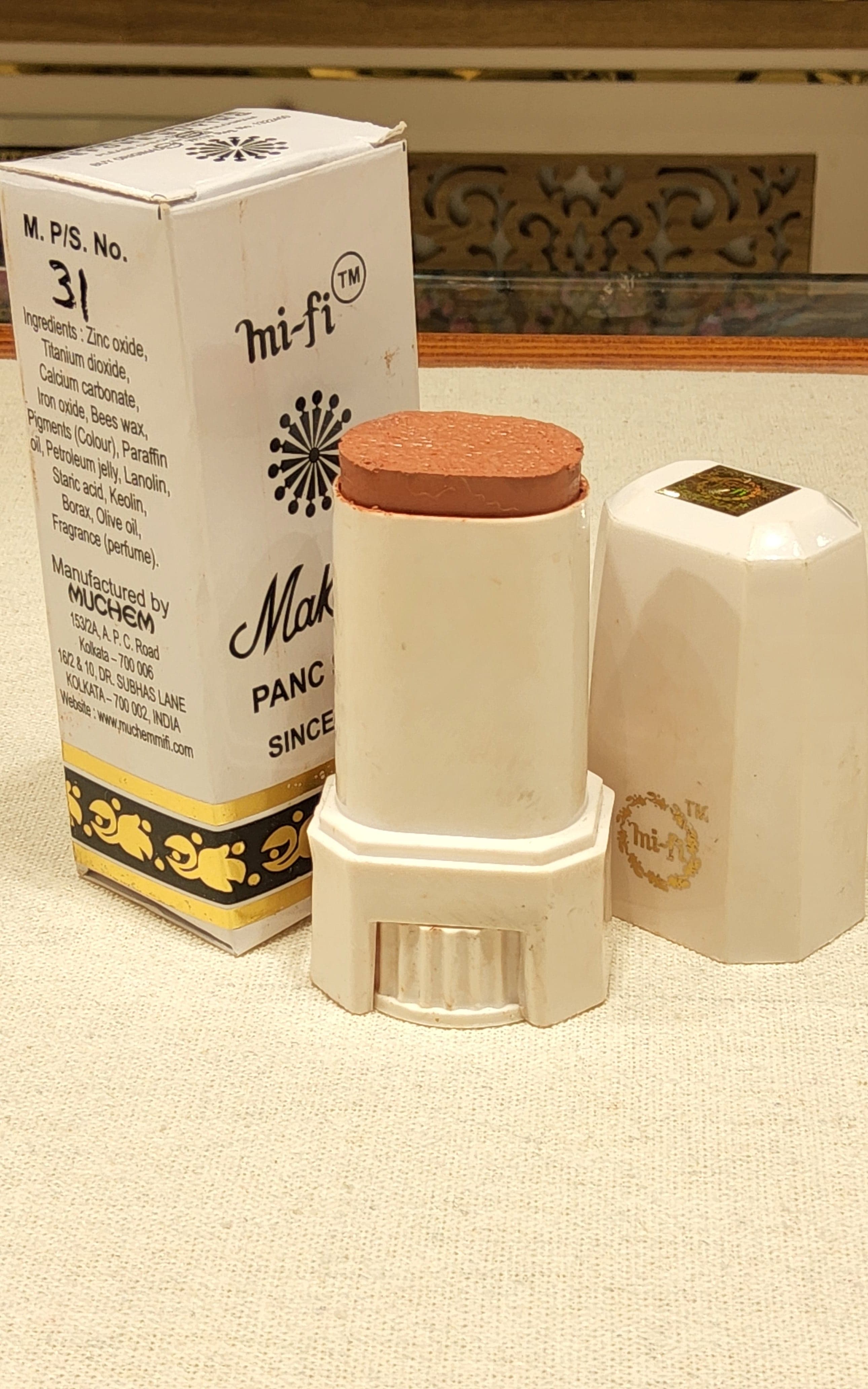 Close-up of Mifi PanStick, Shanthi Tailors Myapore. Bharatnatyam makeup essential.