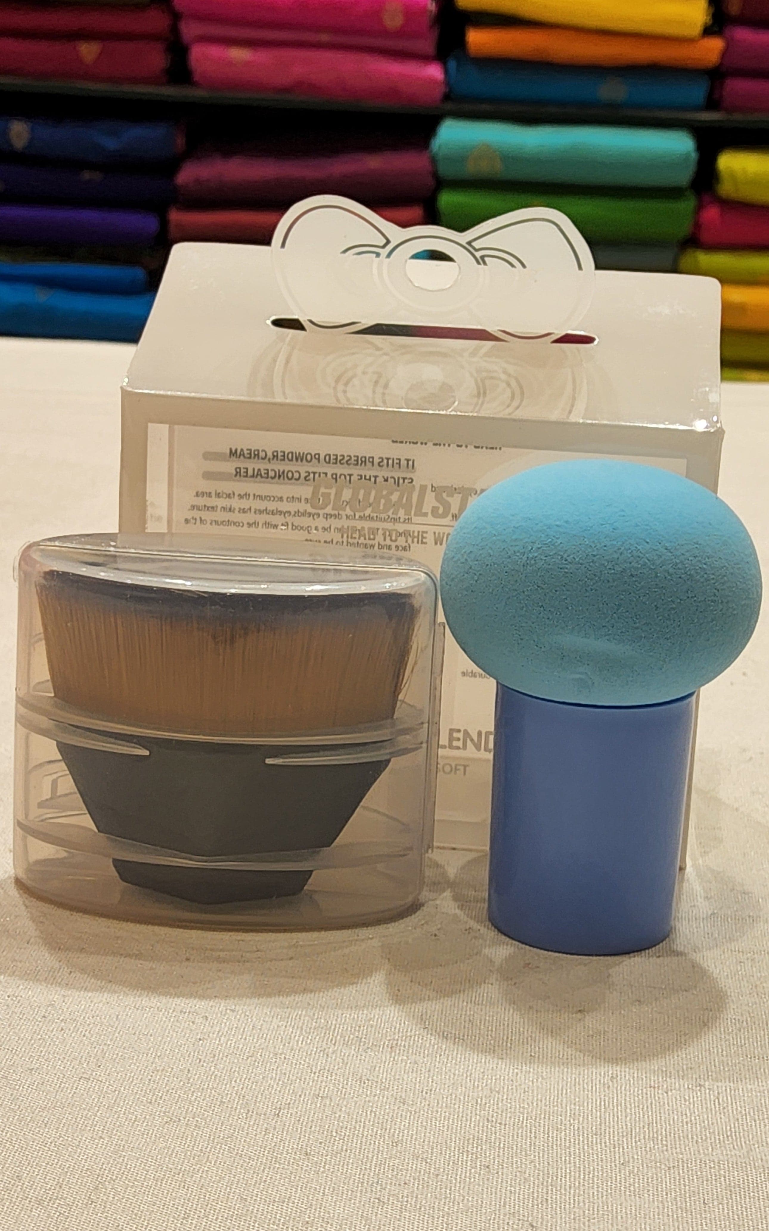 Durable, latex-free makeup blender alongside a full-face application example for Indian dance.