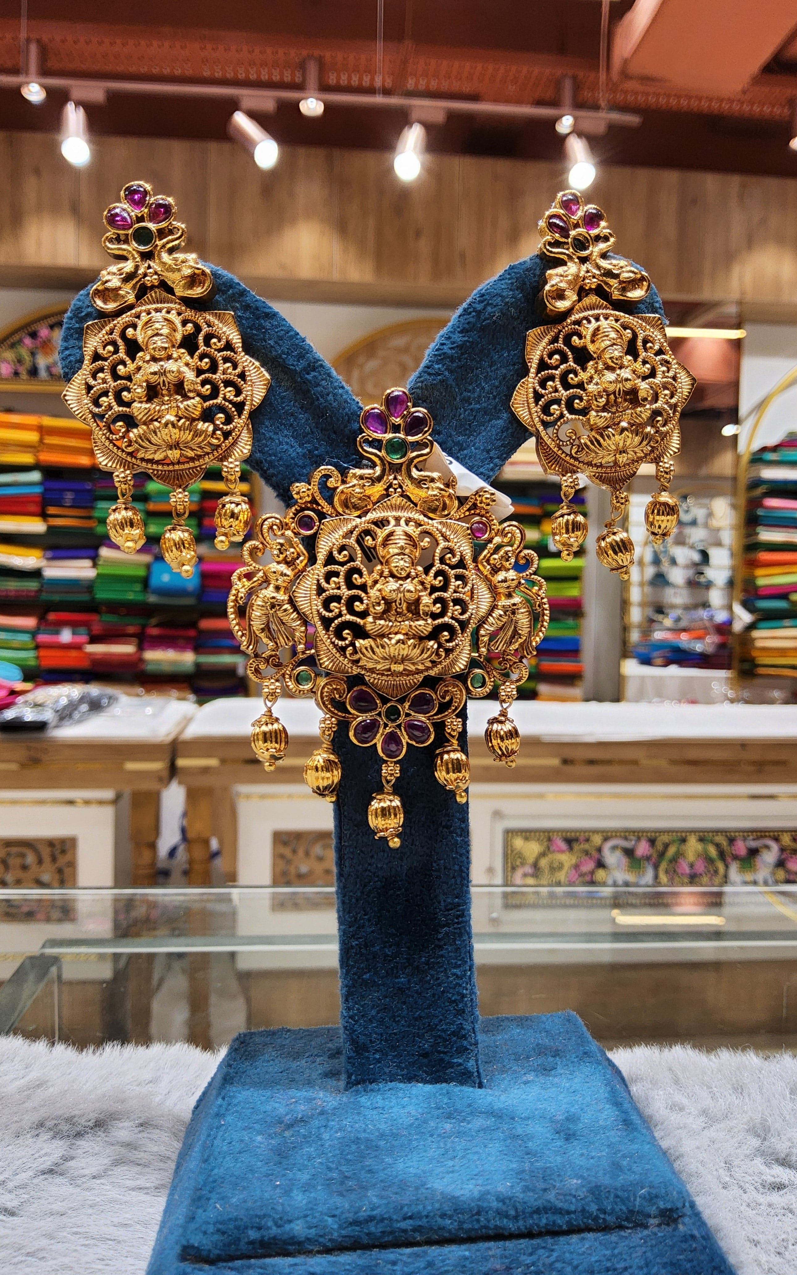 Pendant set: Gold dollar with earrings, Indian dance jewelry, cultural events