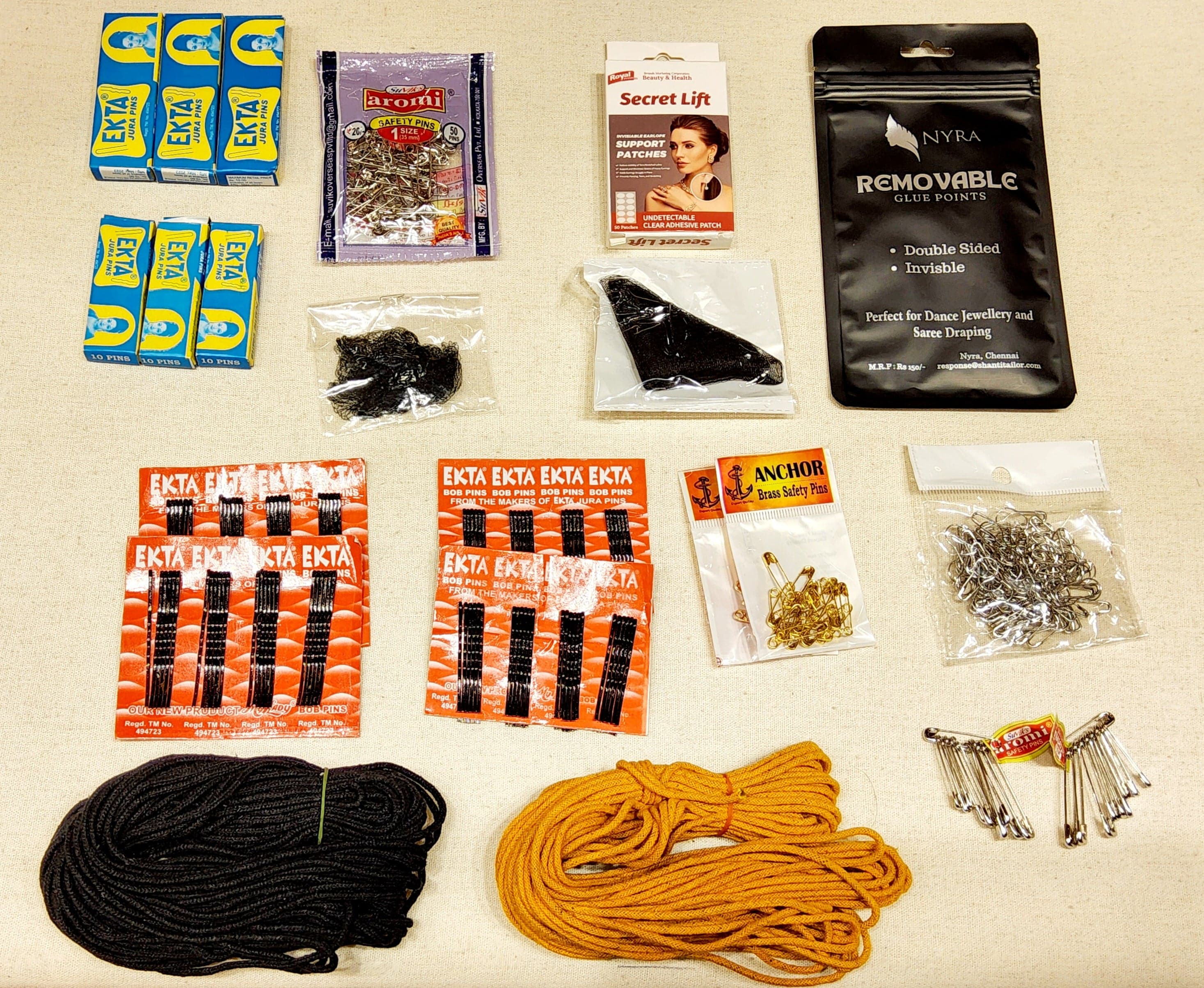 Bharatanatyam Dancer Add-On Kit: Close-up of Hair Pins, Ropes, and Secret Lift Support Patches