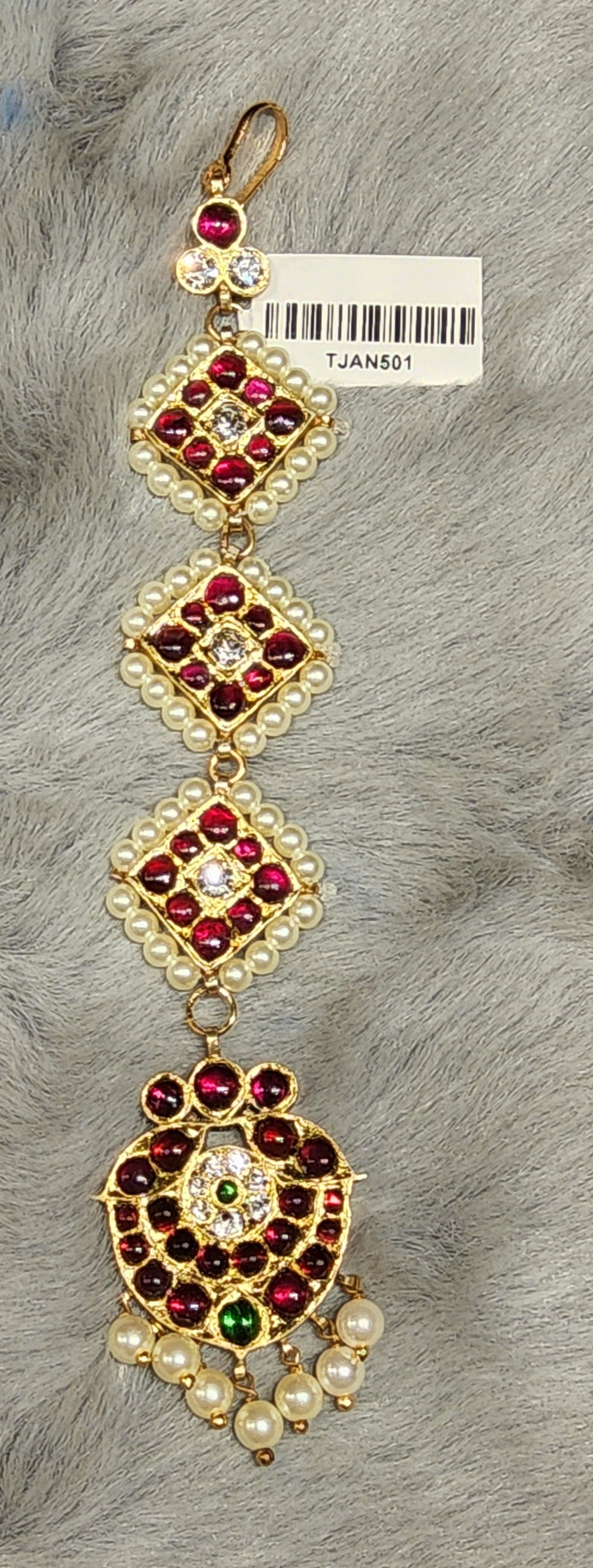 Single Chutty: silver base gold leaf temple jewelry for hair, kemp stone details