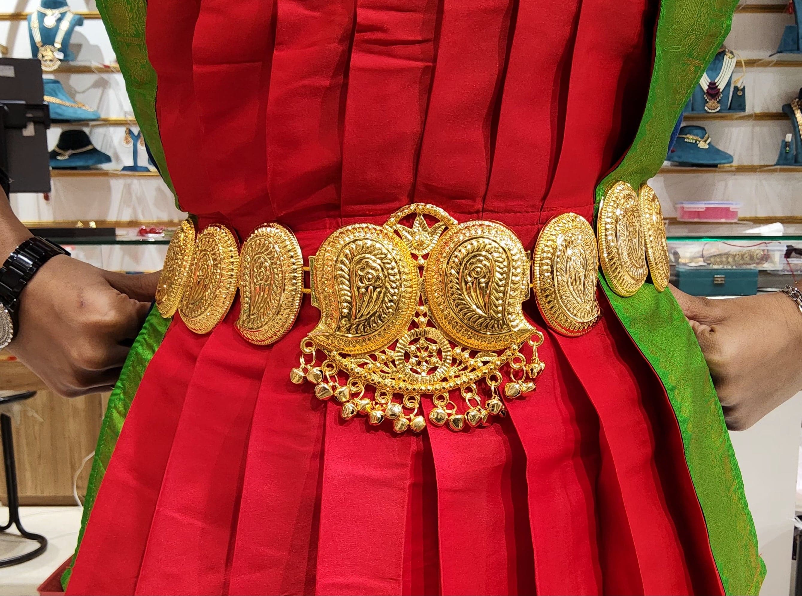 Detailed view of gold Bharathanatyam belt. Imitation dance jewellery.