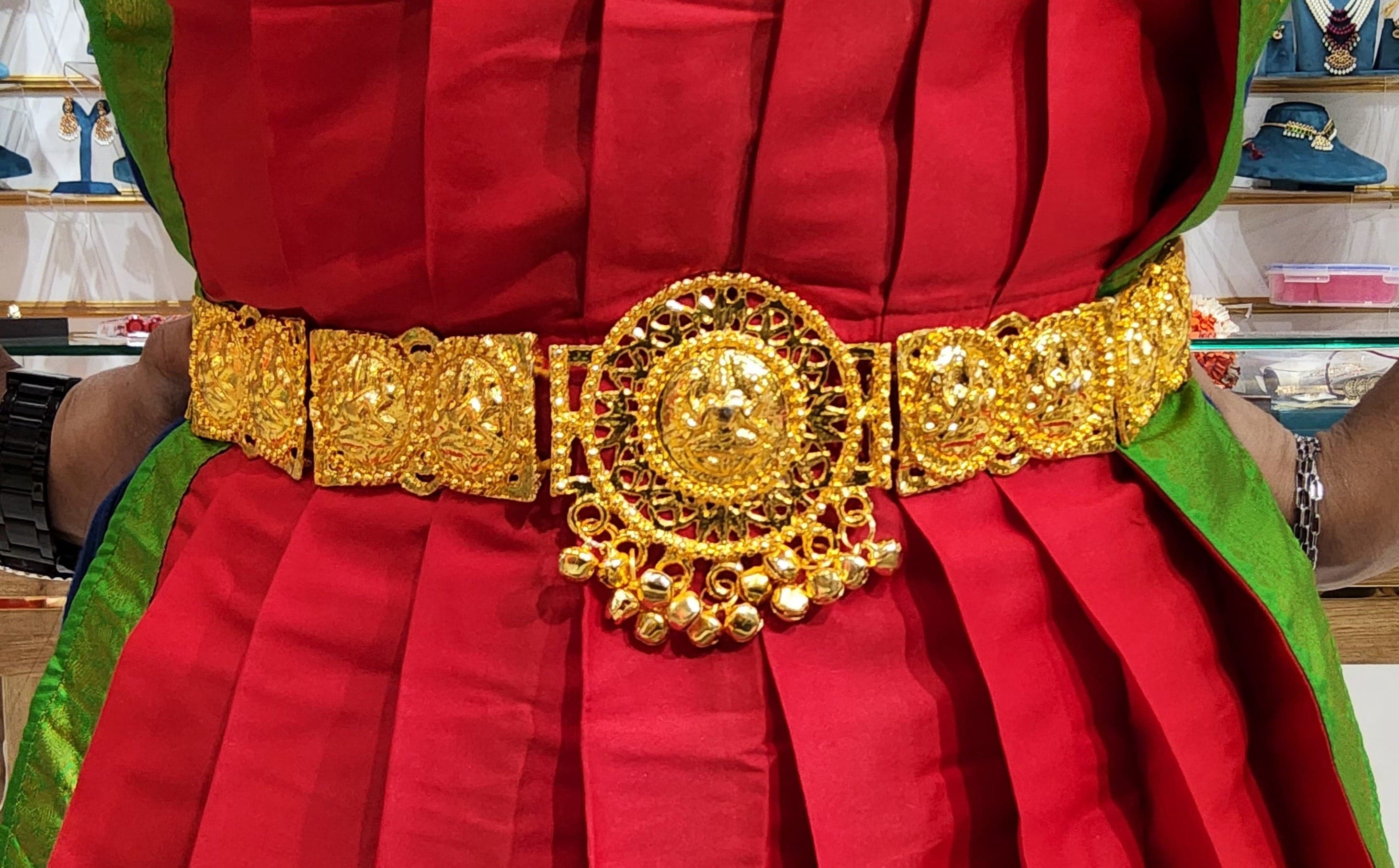Gold imitation jewellery belt for Bharathanatyam. Full product shot.