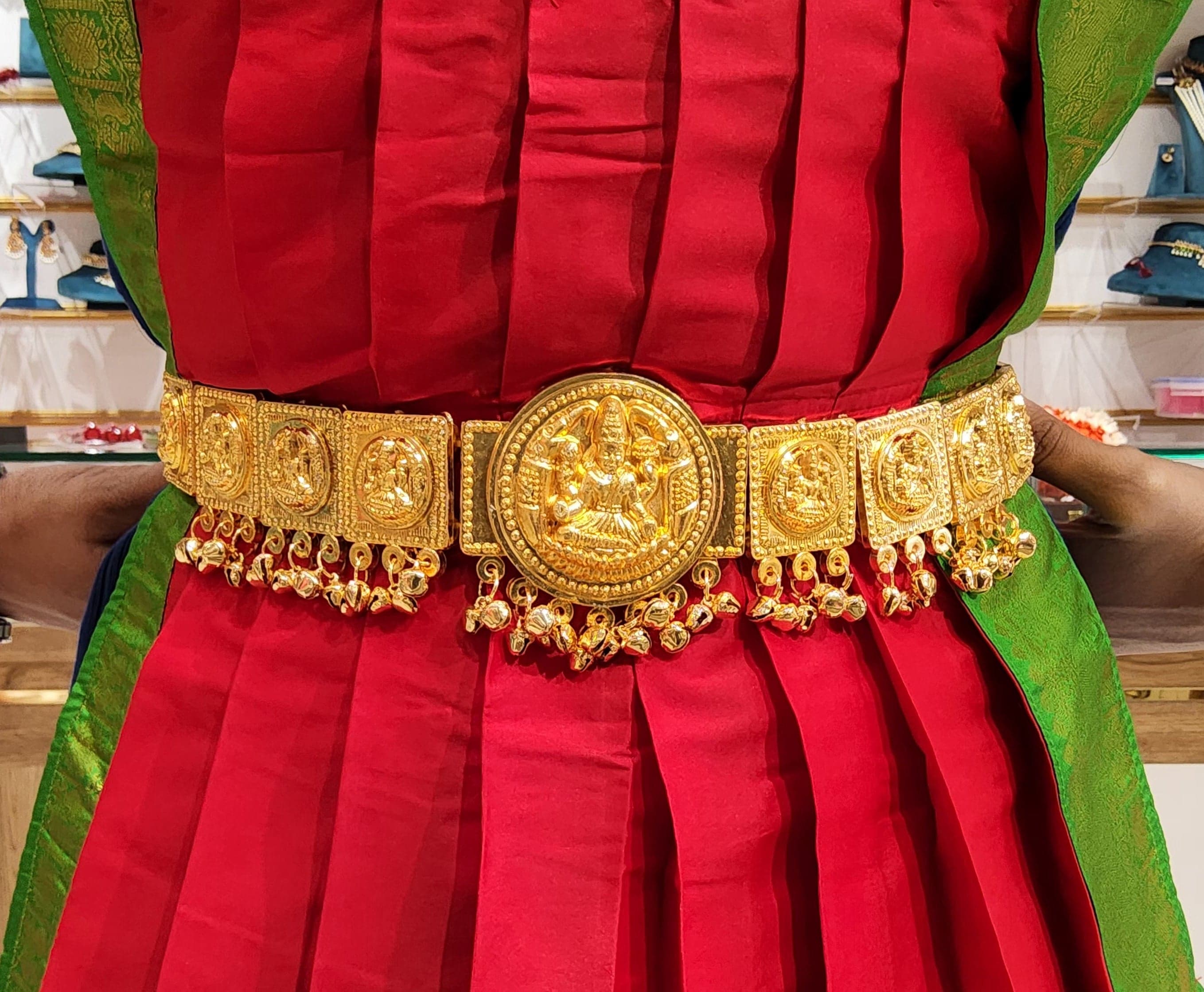 Close-up of the gold plating on a Bharathanatyam imitation belt.