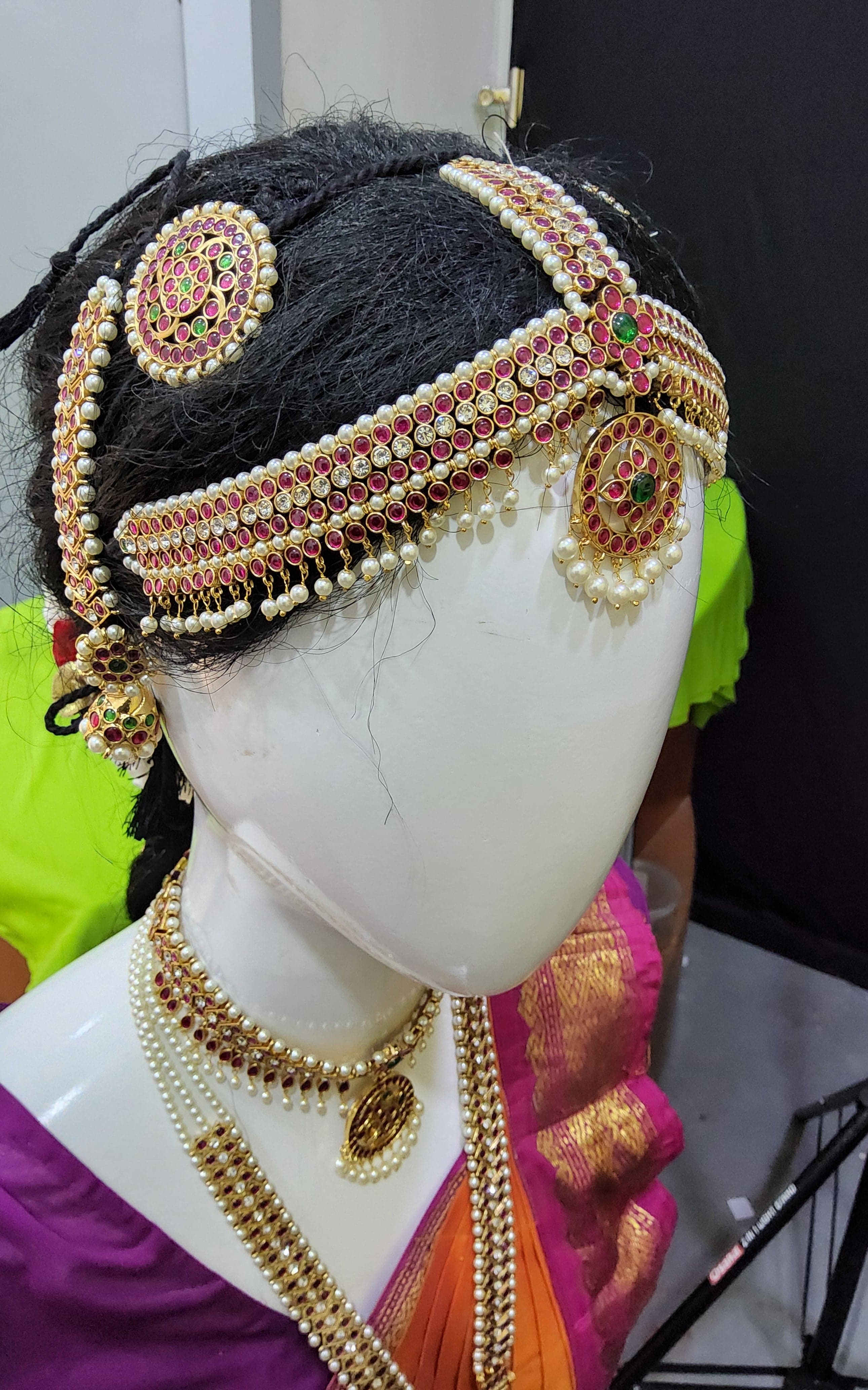 Nirtyanjali Copper Jewellery: Bharatanatyam dance set with headset, necklace, and earrings.