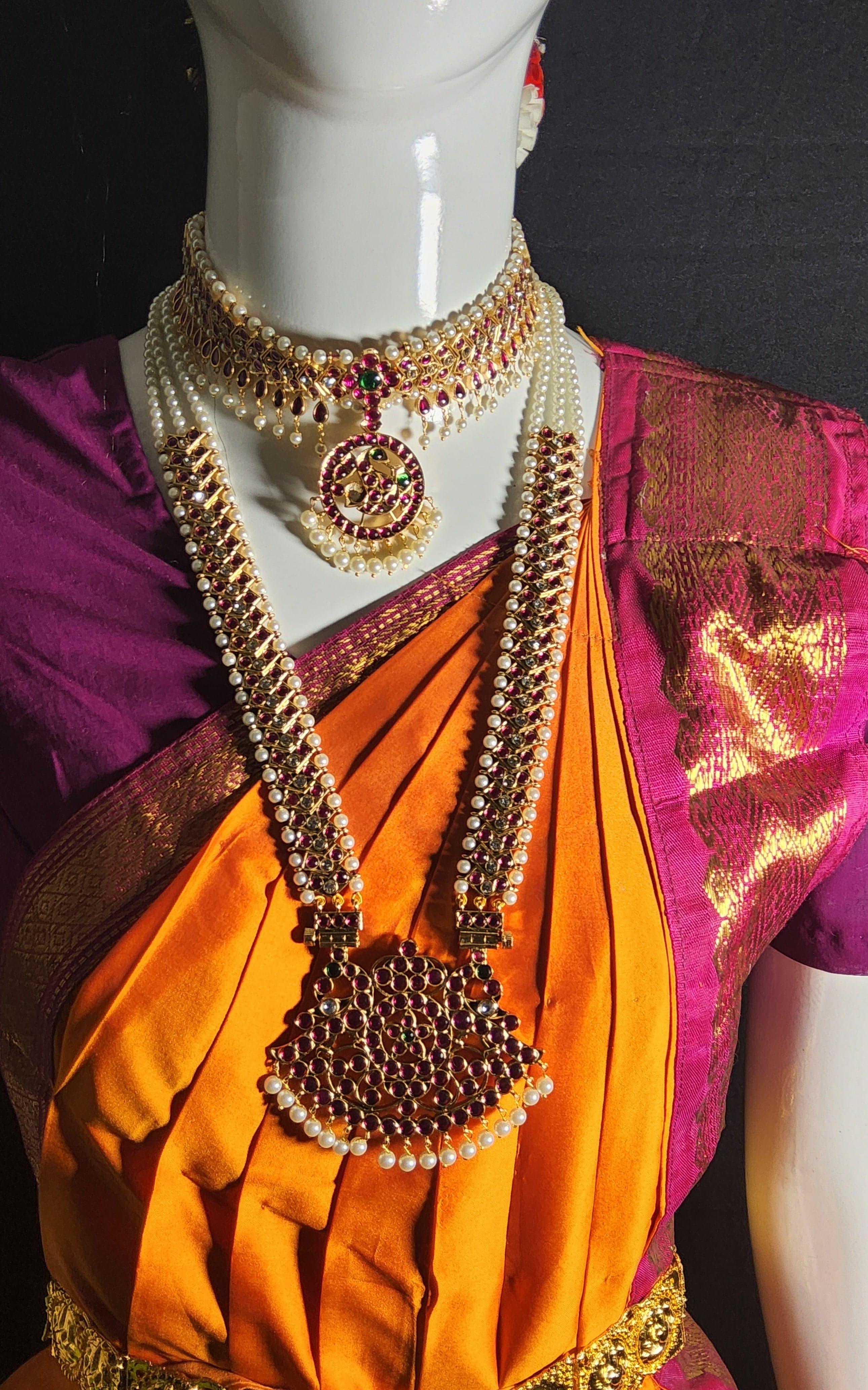 Copper temple jewellery V Haram necklace, part of Nirtyanjali Bharatnatyam collection.