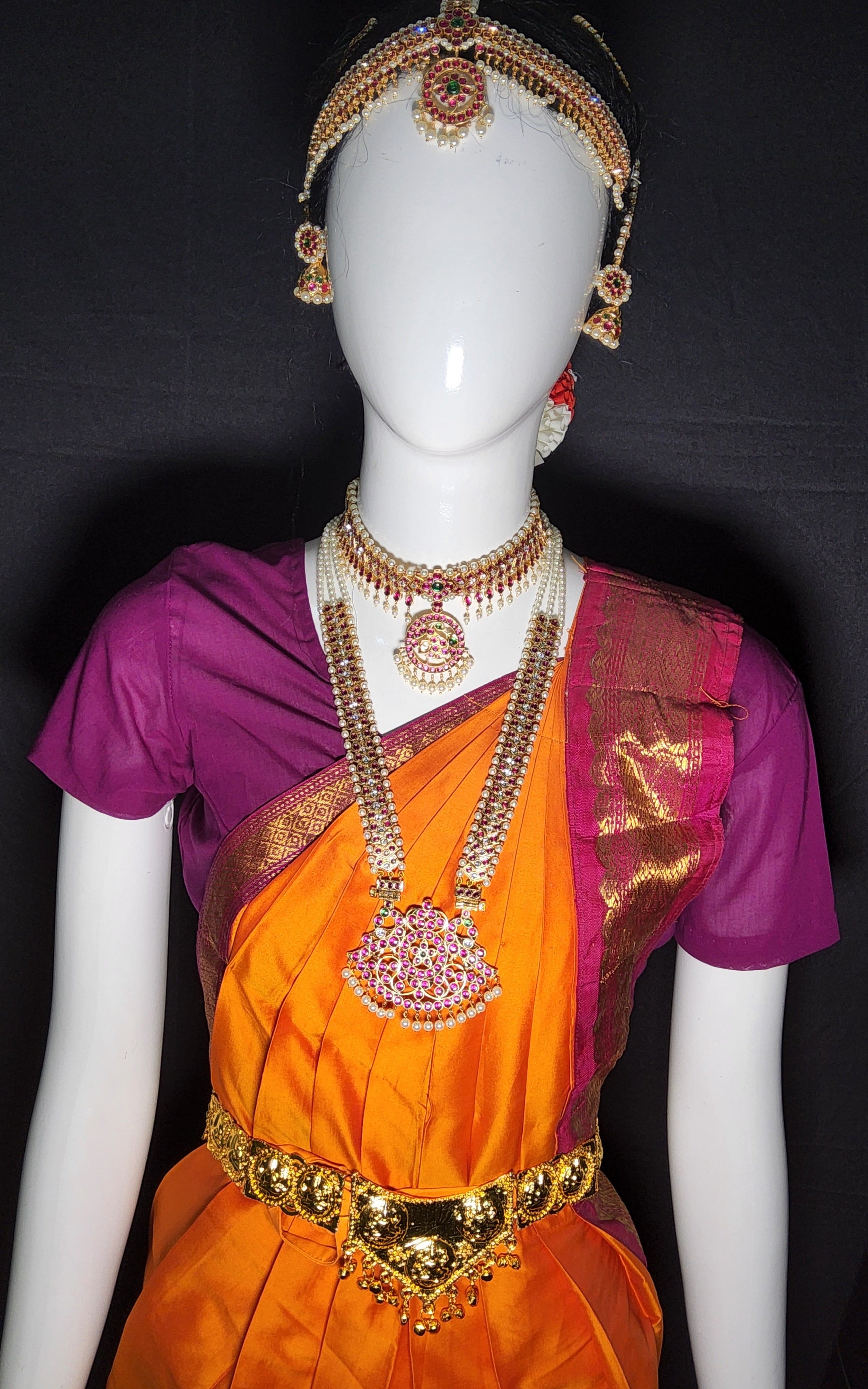 Nirtyanjali copper Bharatnatyam jewellery: Close up of gold finish Lakshmi belt and details.