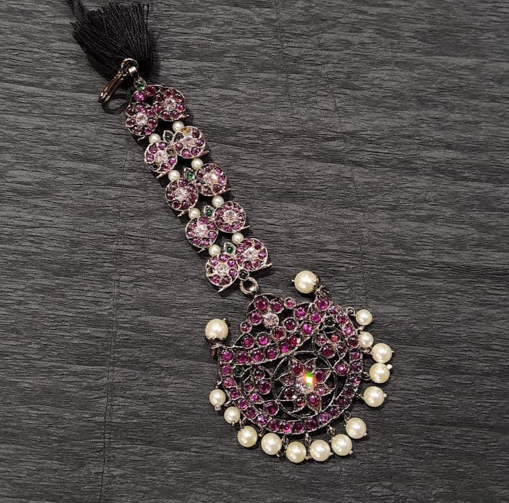 Black Series Copper Chutty: Side view showing pink & green stone details. Dance jewellery.