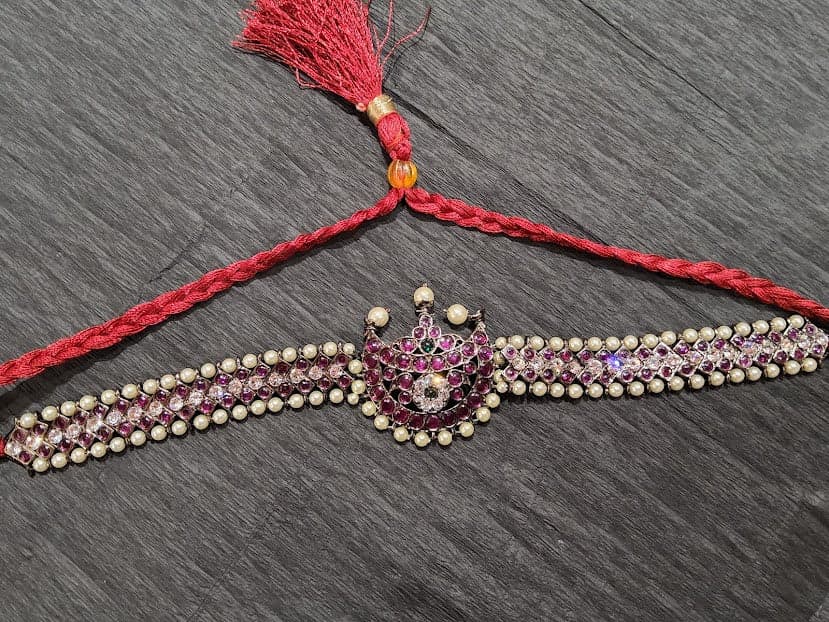 Black Copper Short Necklace: Margam Black Series adjustable temple jewellery with thread tie.