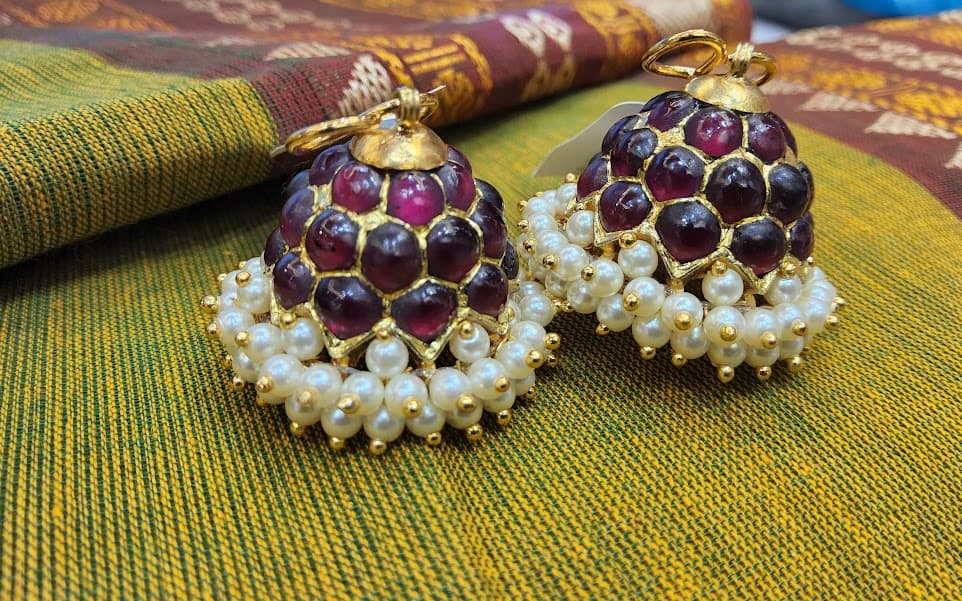 Jummiki earrings, silver base gold leaf, 3 Lines design, temple jewellery for Bharatanatyam