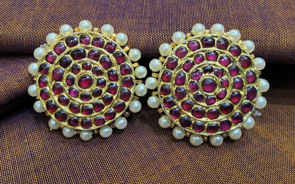 Temple Jummiki earrings, silver base gold leaf, 3-line stud design, bharatanatyam jewellery