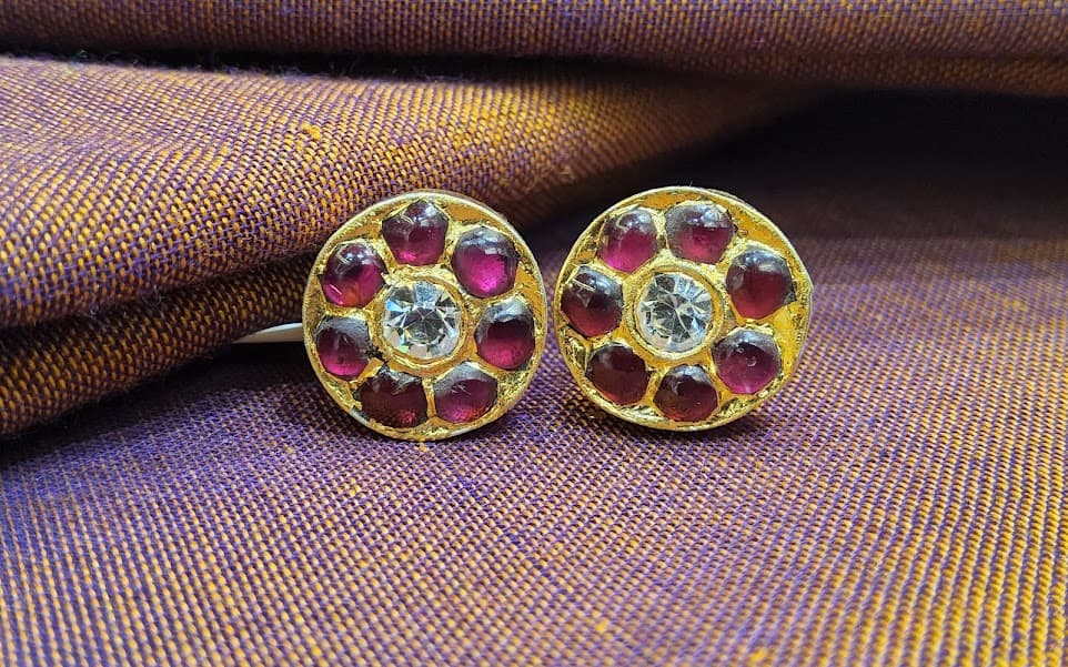 Temple Jewellery Round Stud. Antique gold finish, ideal for Bharatanatyam dance.