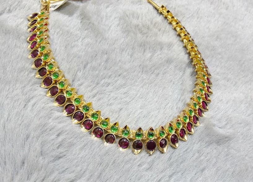 Thilakam 2 Stone Necklace, Copper Margam: Traditional Indian dance jewelry close-up.