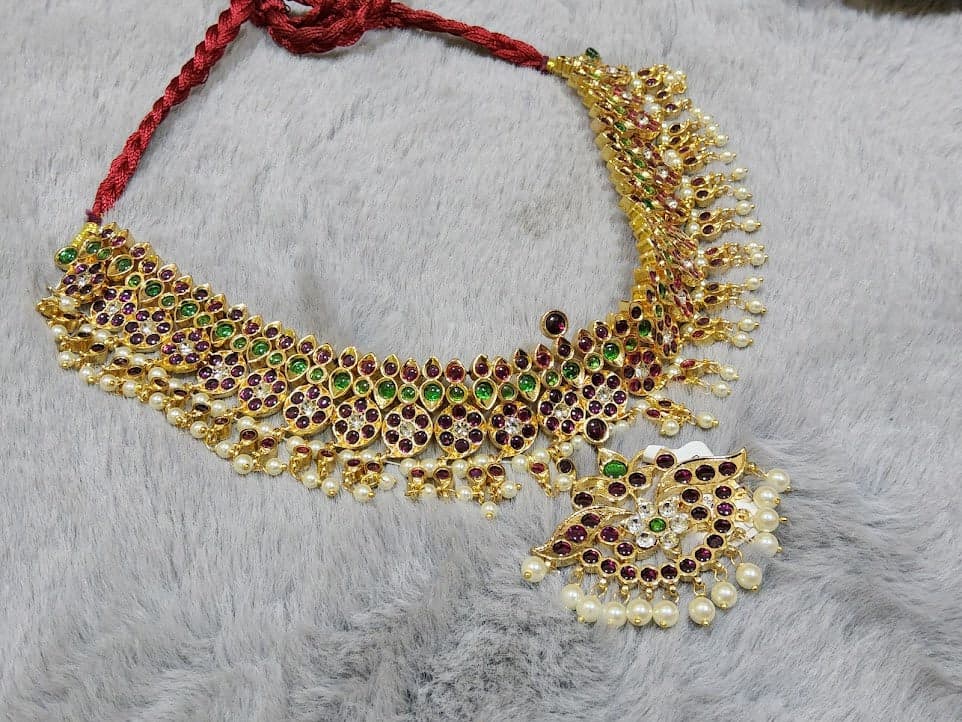 Mango Choker Necklace Margam Copper: Full view of Bharatanatyam dance jewelry.