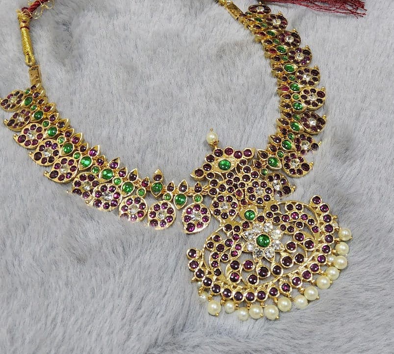 Margam Mango Necklace with Pendant, copper base & glass stones, Bharatanatyam jewellery