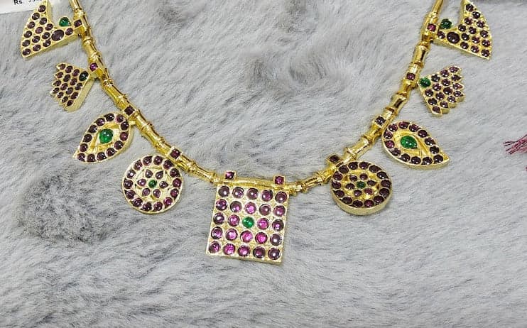 Rani Necklace Copper Margam: Intricate copper necklace with glass stones, classical dance jewelry