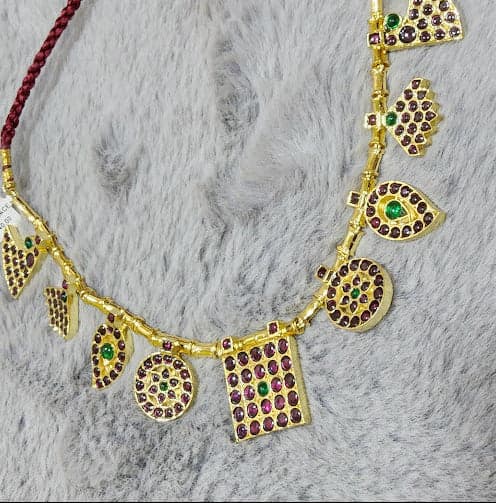 Margam Rani Necklace: Close-up of copper Bharatanatyam necklace detail, stage jewelry