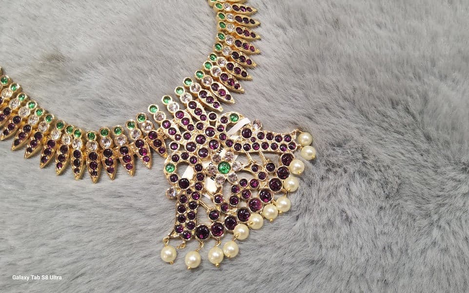 Close-up: Copper Mullai Haram, intricate margam detail, Bharatnatyam dance necklace