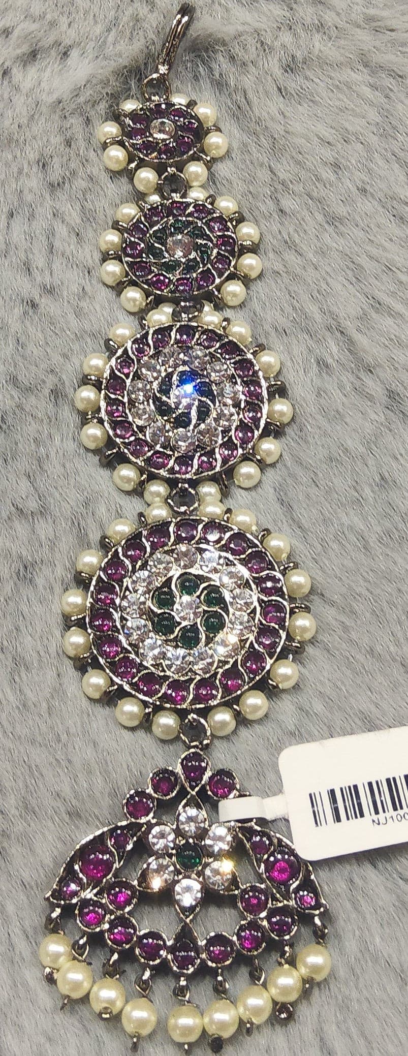 Black Copper Chutty: Minimalist single-strip design with pink & green stones. Dance forehead jewelry.