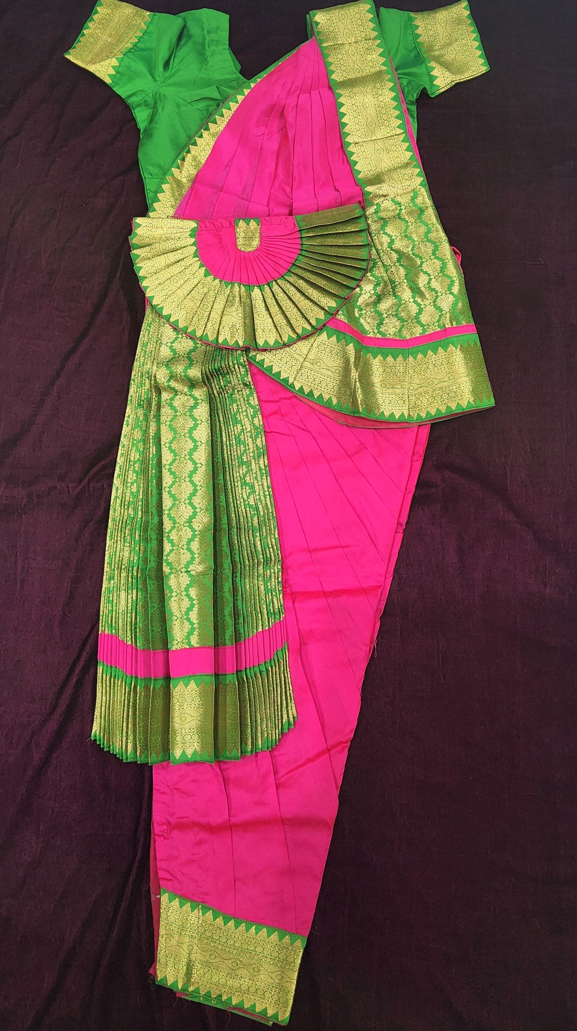 Bharatanatyam Pant Costume: Dancer wearing pink & green silk cotton outfit in a dance pose.