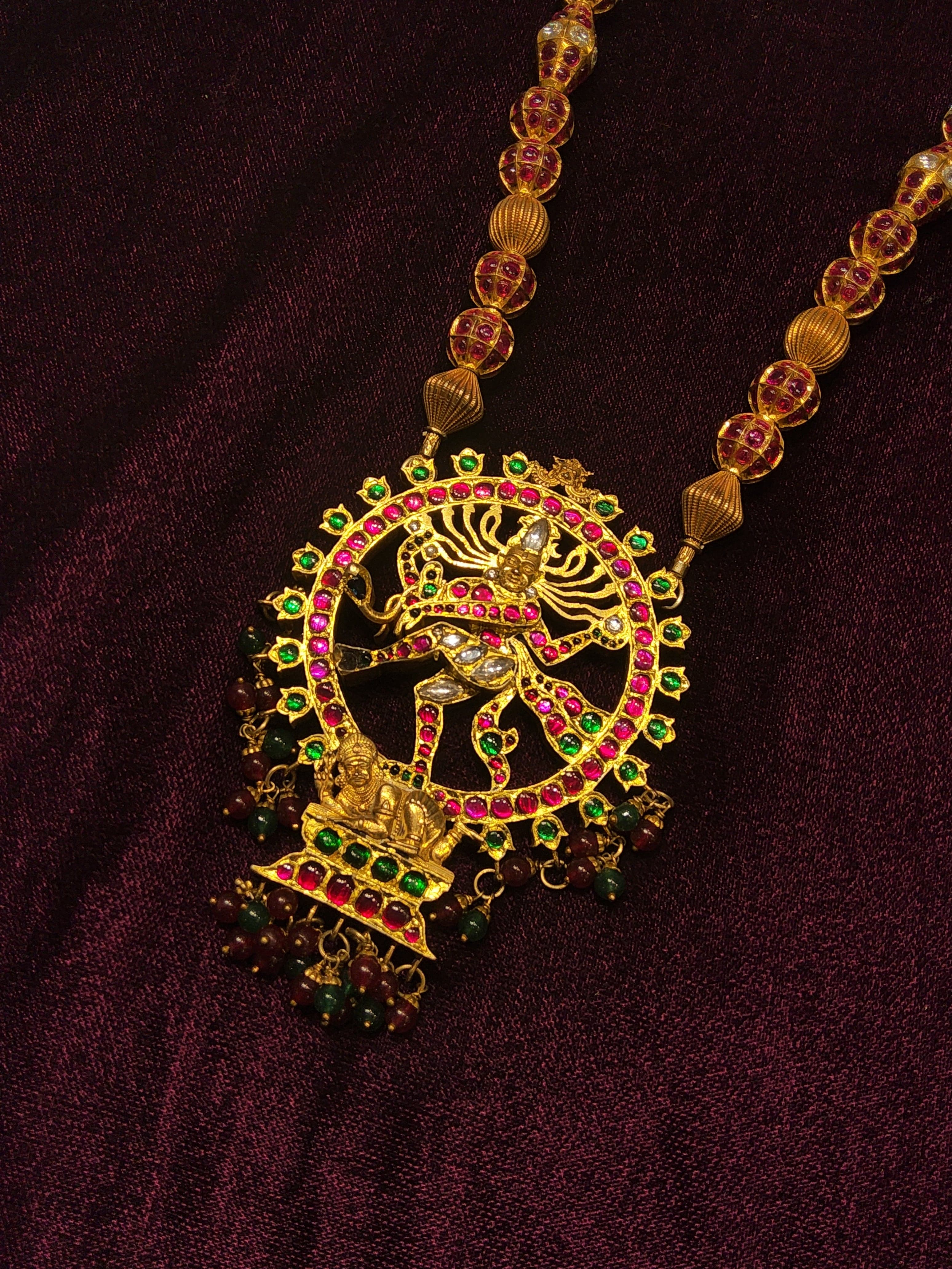 TJRS848 Nataraja Haram: Balls Malai Long Haram, full view, temple jewelry for classical dancers.