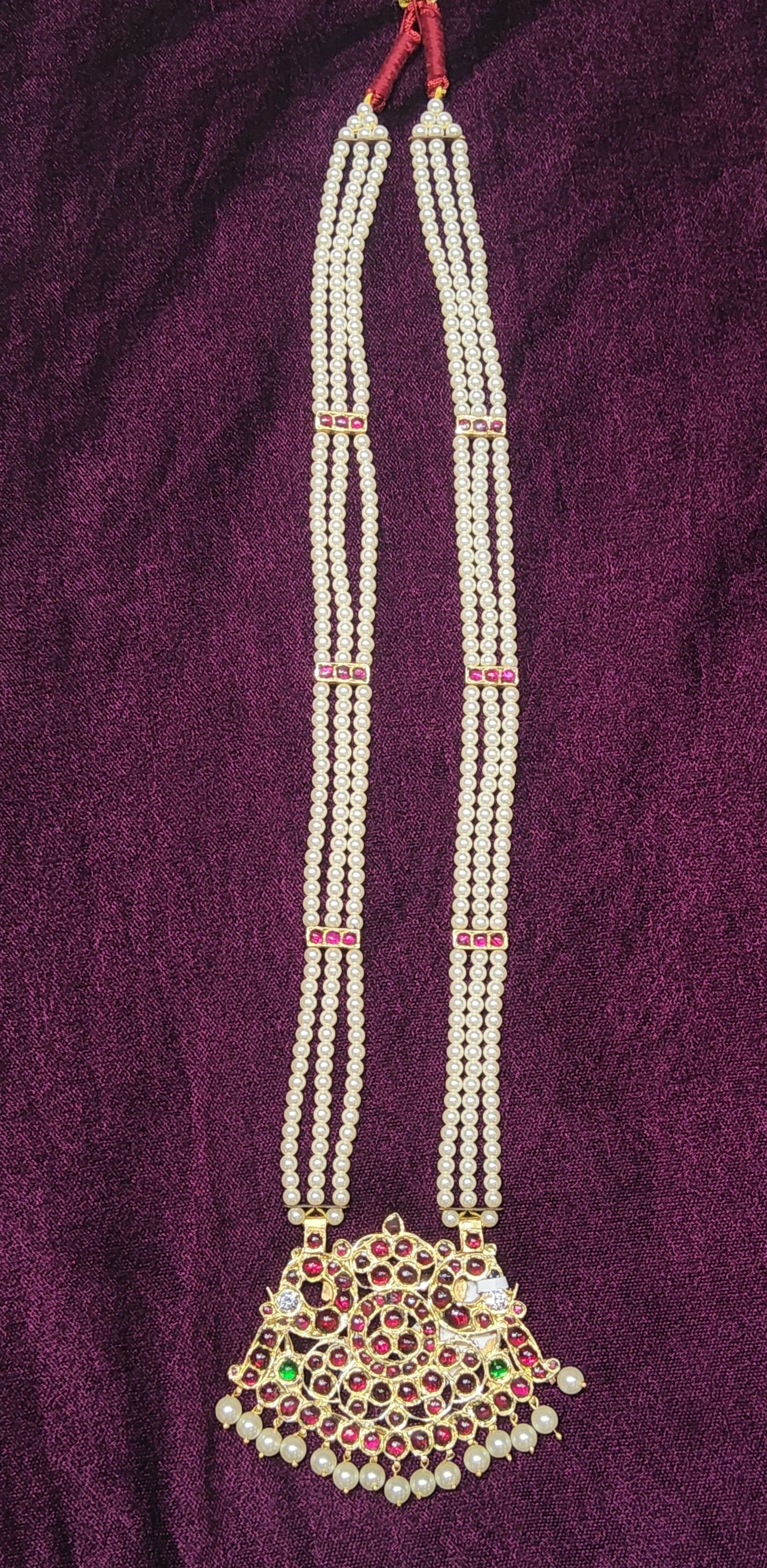 Temple Jewellery Long Haram: Pathakam Muthu Malai close up, antique gold finish, Bharatanatyam accessory.